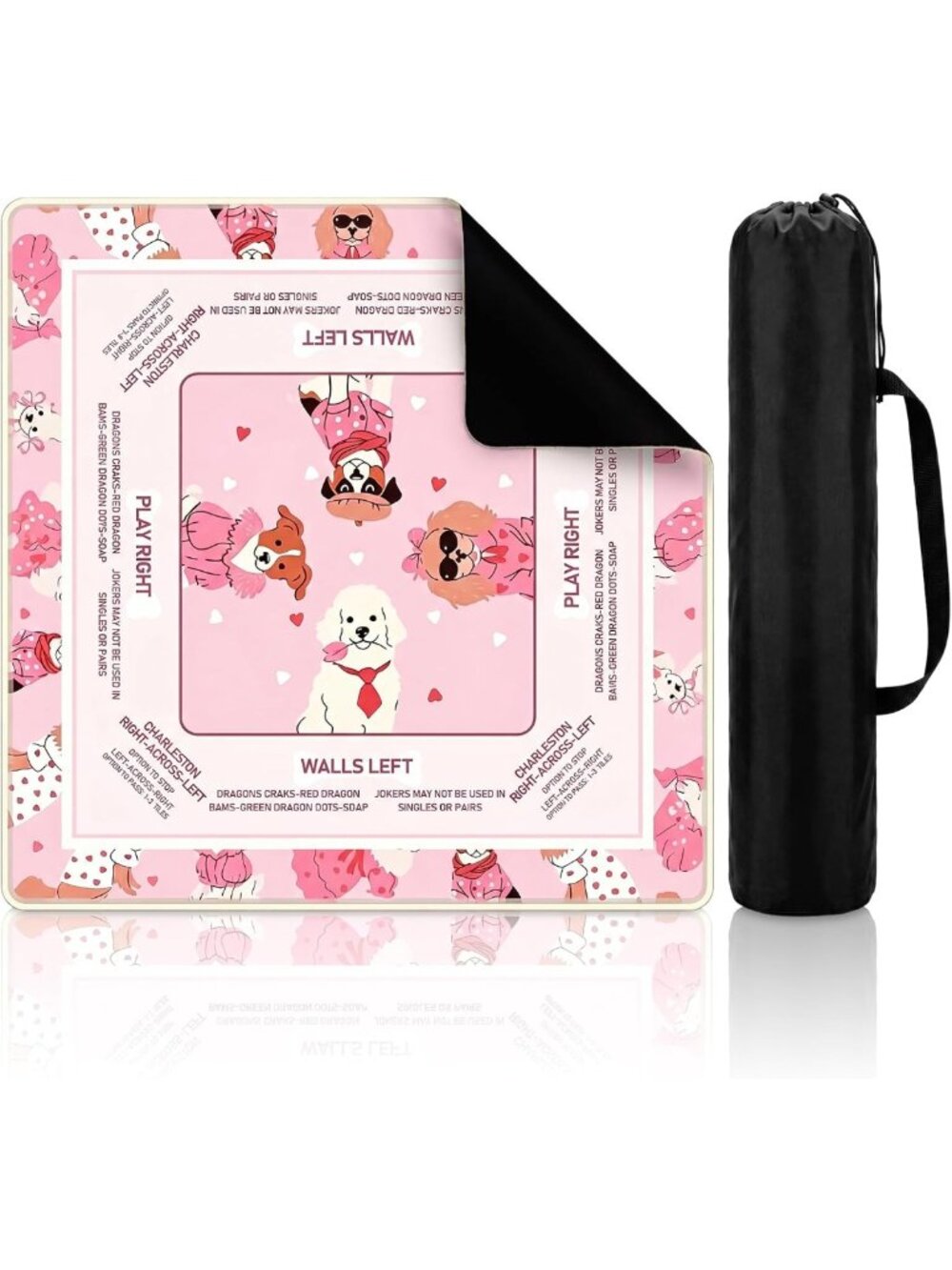 Adorable Pink Dog Mahjong Mat 31.5" x 31.5" with Convenient Black Carrying Bag